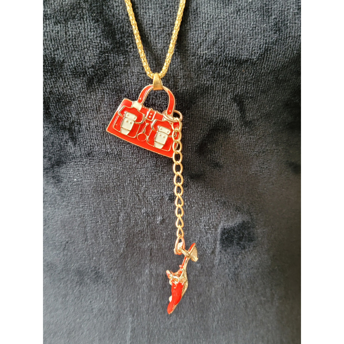 Women's Gold Chain Necklace with Red Handbag and Shoe Charm Pendant