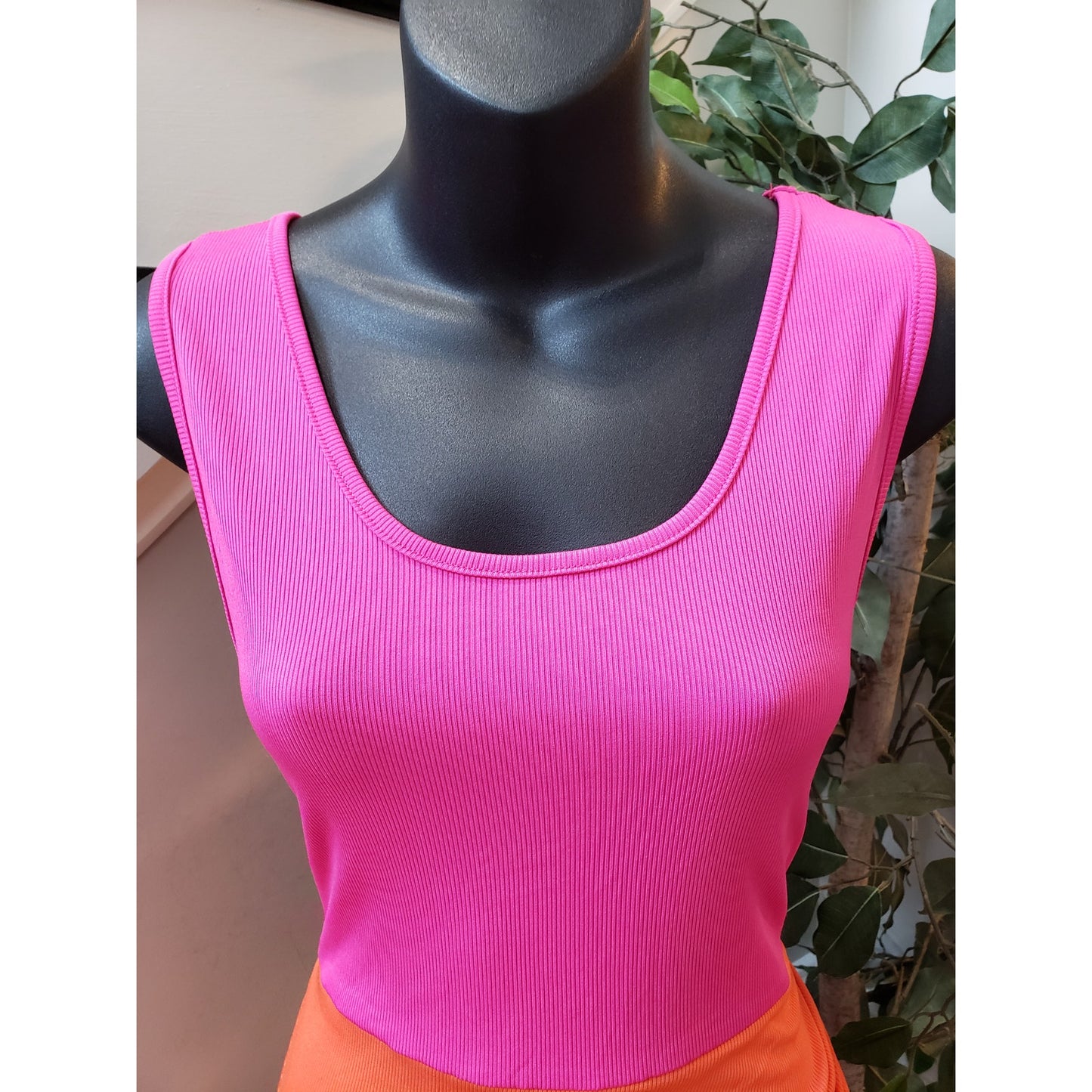 SHEIN Bodycon Dress Womens M Pink Orange Two Tone Ribbed Sleeveless Round Neck