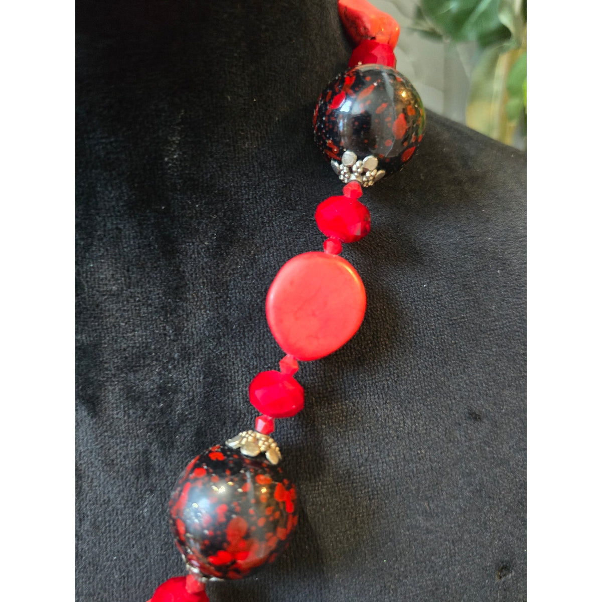 Women's Silver Tone Red Coral Gem Focal Beads Textured Square Pendant Necklace
