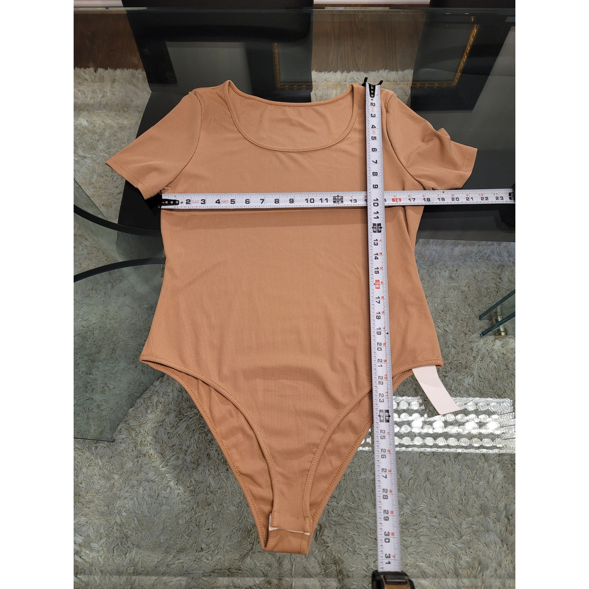 Yozy Bodysuit Set Women's Size 14 Tan Ribbed Short Sleeve Drawstring Scoop Neck
