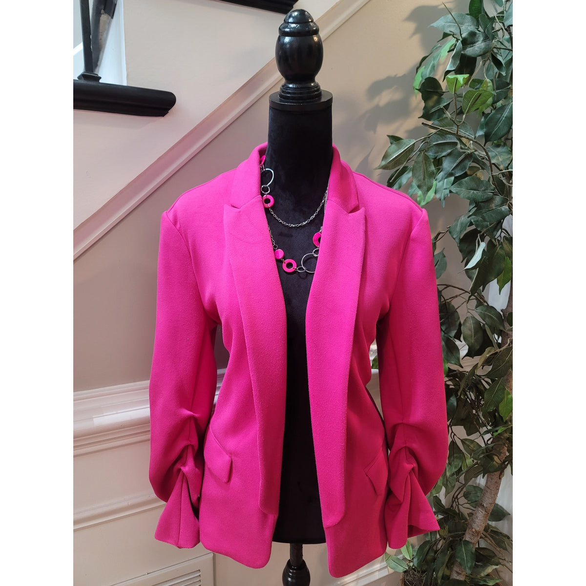 Scoop Blazer Jacket Women M(8-10) Hot Pink Scrunch Sleeve Open Front Flap Pocket