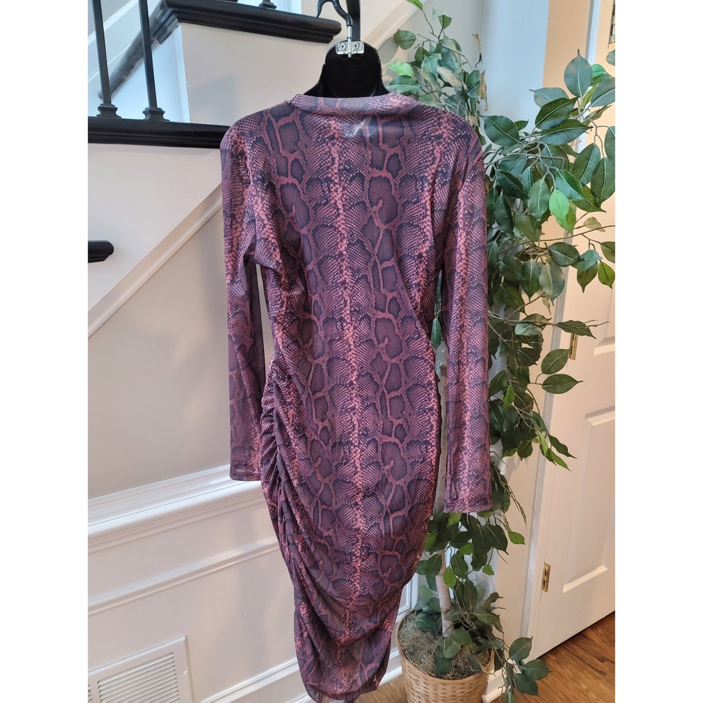 Bodycon Dress Women XL Purple Snake Print Mock Neck Long Sleeve Ruched