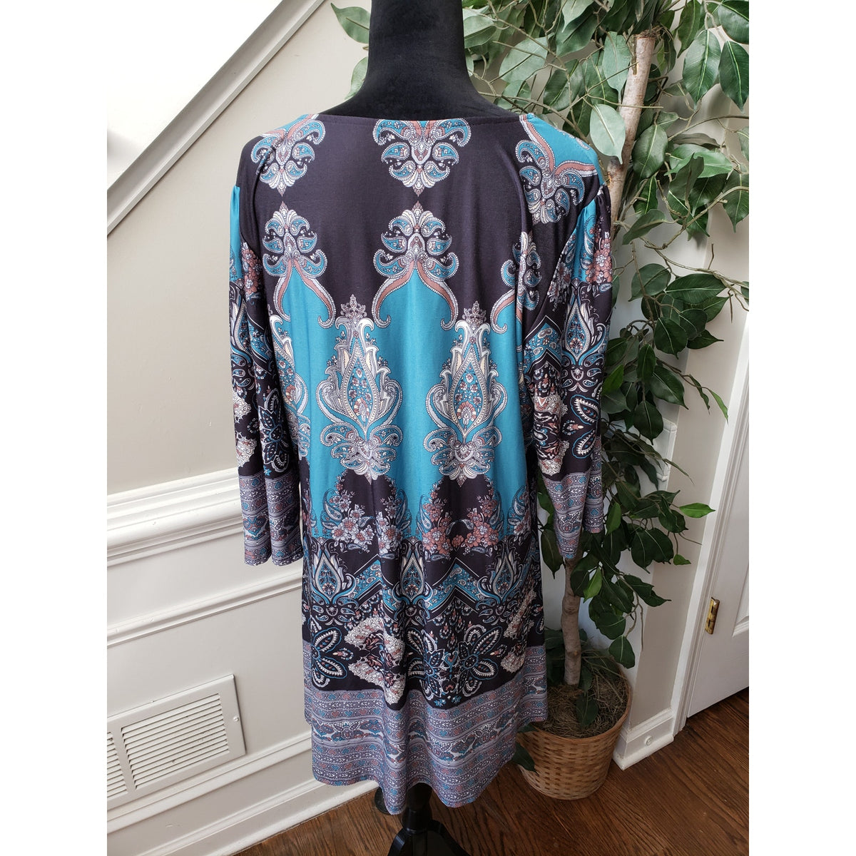 A-Line Dress Womens Size 2X Blue Paisley Gathered Long Sleeve Round Neck Stretch