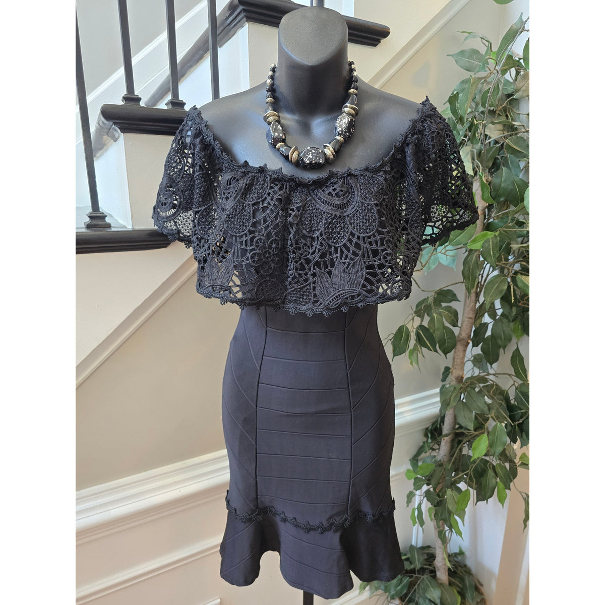 Kesses Bandage Dress Women's Chest Sz M Black Padded Crochet Lace Flounce Hem