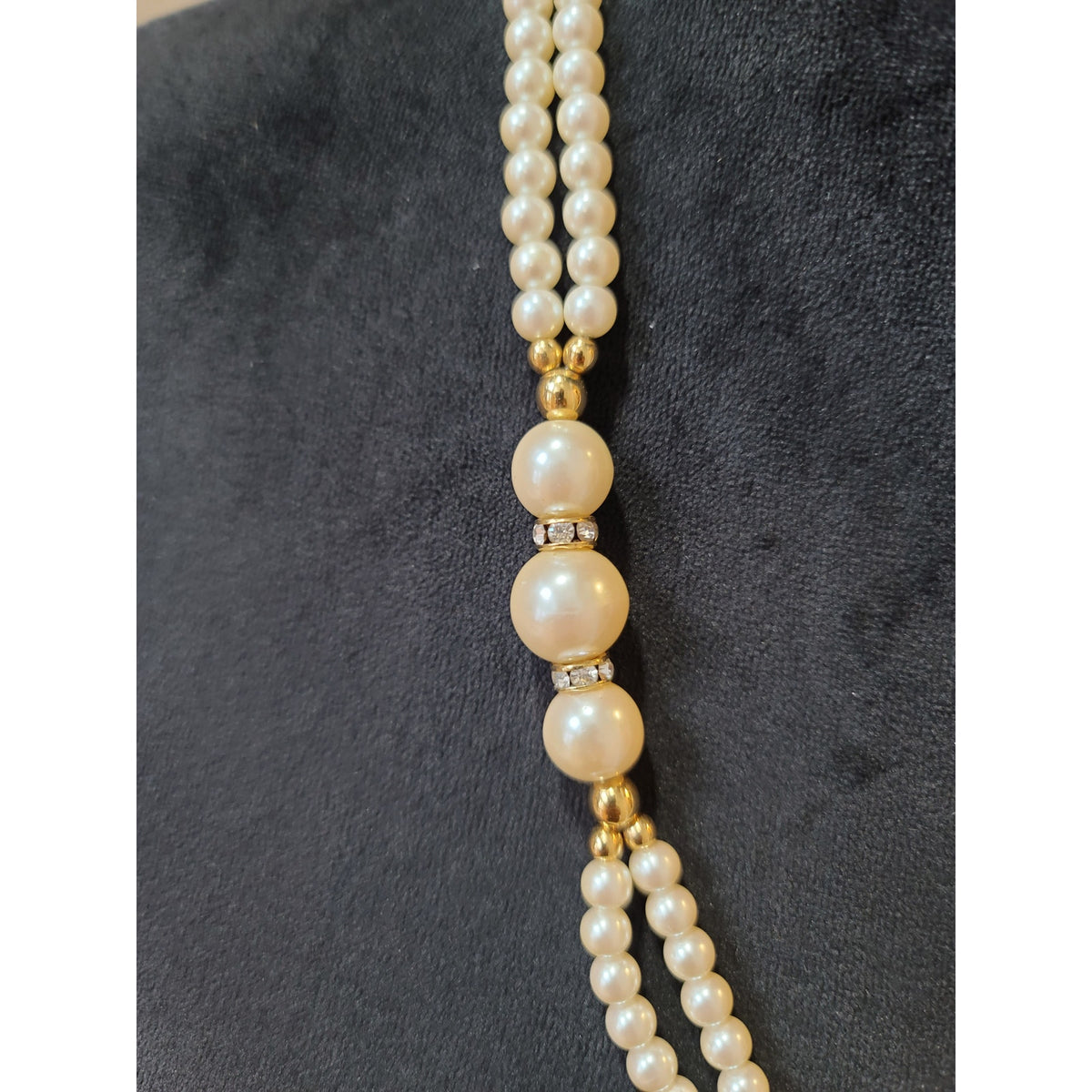Women's Double Strand Pearl Necklace with Gold Accents and Clasp Lock