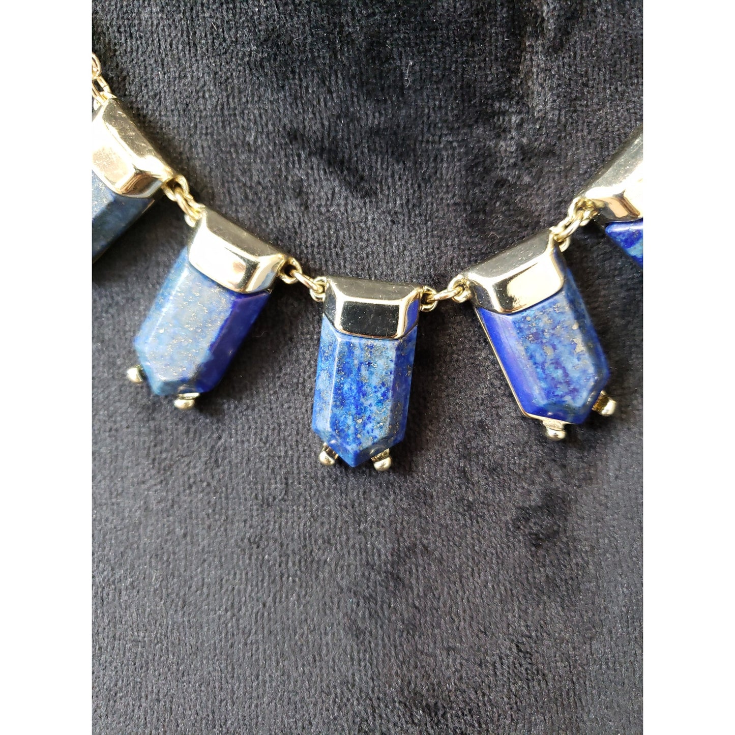 Vintage Lapis Blue Gold Tone Necklace Geometric Stone Link Chain Statement
