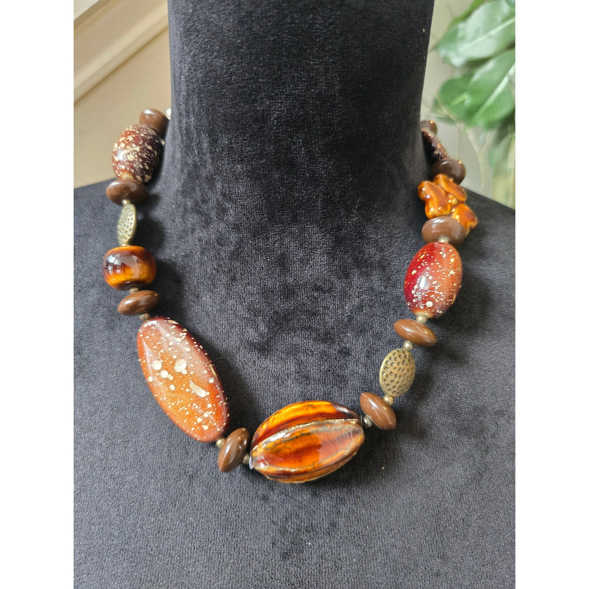 Amber Orange Brown Chunky Organic Style Mixed Beaded Boho Necklace