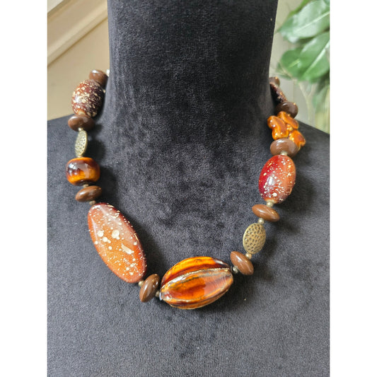 Amber Orange Brown Chunky Organic Style Mixed Beaded Boho Necklace