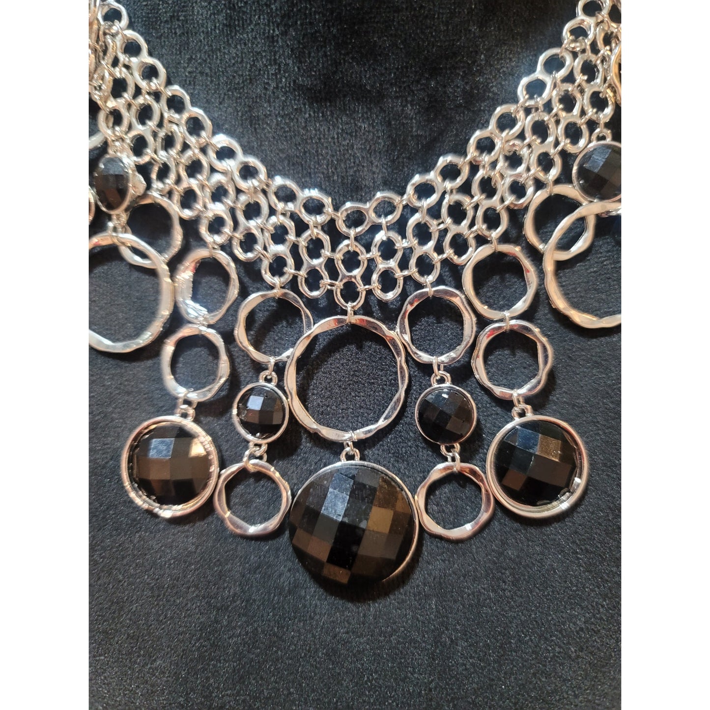 Women's Statement Necklace Silver Chain With Black Faceted Stones Lobster Lock