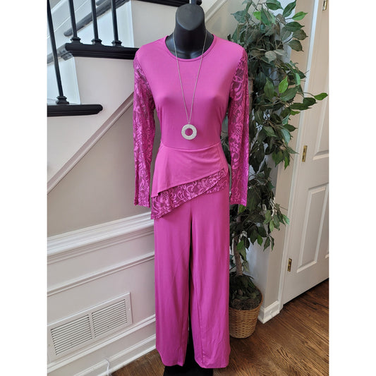 Stylish Pink Lace Jumpsuit Women's Size Medium Pink Round Neck Long Sleeves