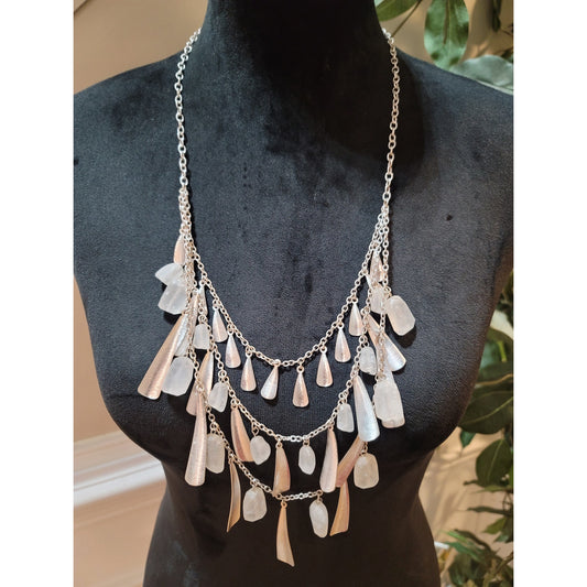Women's Layered Silver Chain Necklace With Frosted Crystal Drops Lobster Clasp