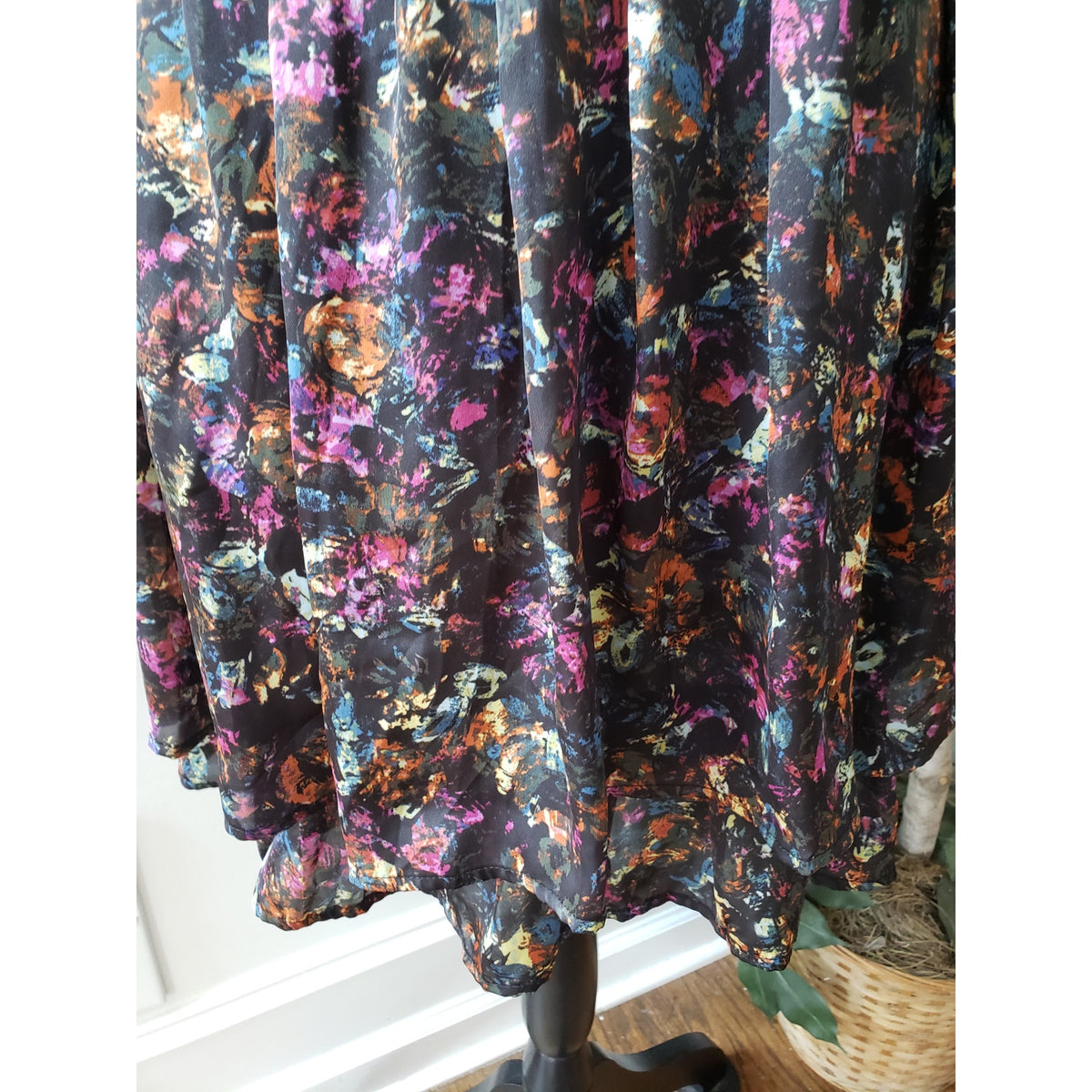 JACK Sheer Dress Womens M Black Geo Print Lined Pleated Fit & Flare Wide Strap