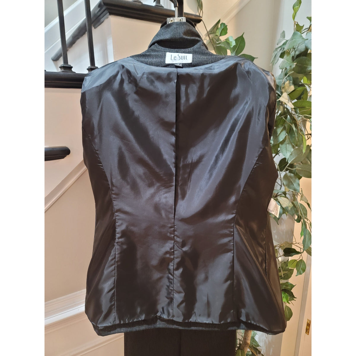 Le Suit Pant Suit Women SZ 12 Black Micro-Plaid Single Button Blazer Fully Lined