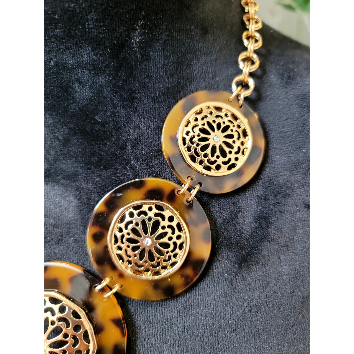 C 1946 Logo Gold Tone Black Enamel Medallion Statement Necklace Boho Jewelry