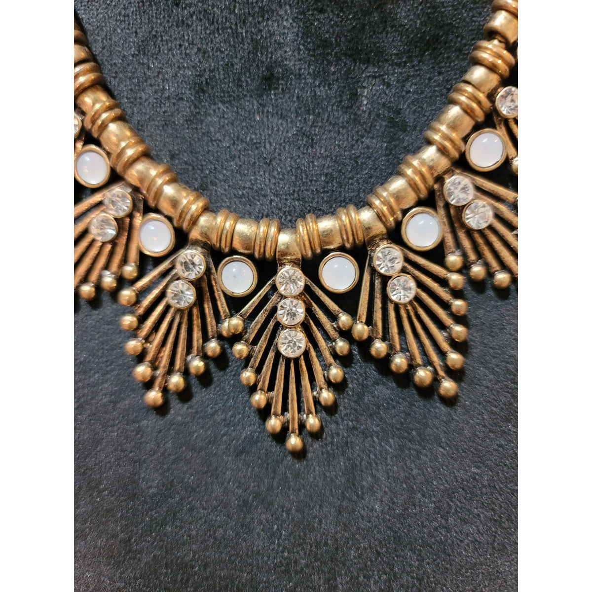 Women's Antique Gold Statement Necklace With White Stones And Lobster Clasp Lock