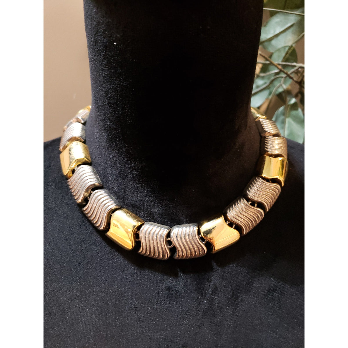 Women 2 Tone Textured Metals S Links Ribbed Choker Necklace Jewelry w/ Box Clasp