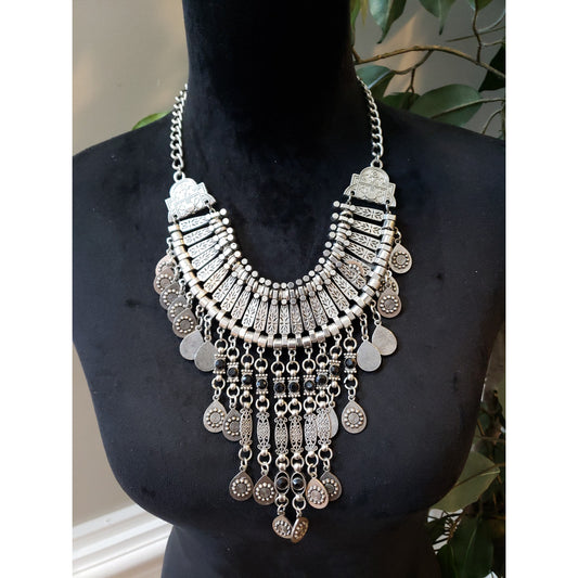 Womens Silver Tone Tribal Oxidised Charm Bib Statement Necklace with Lobster