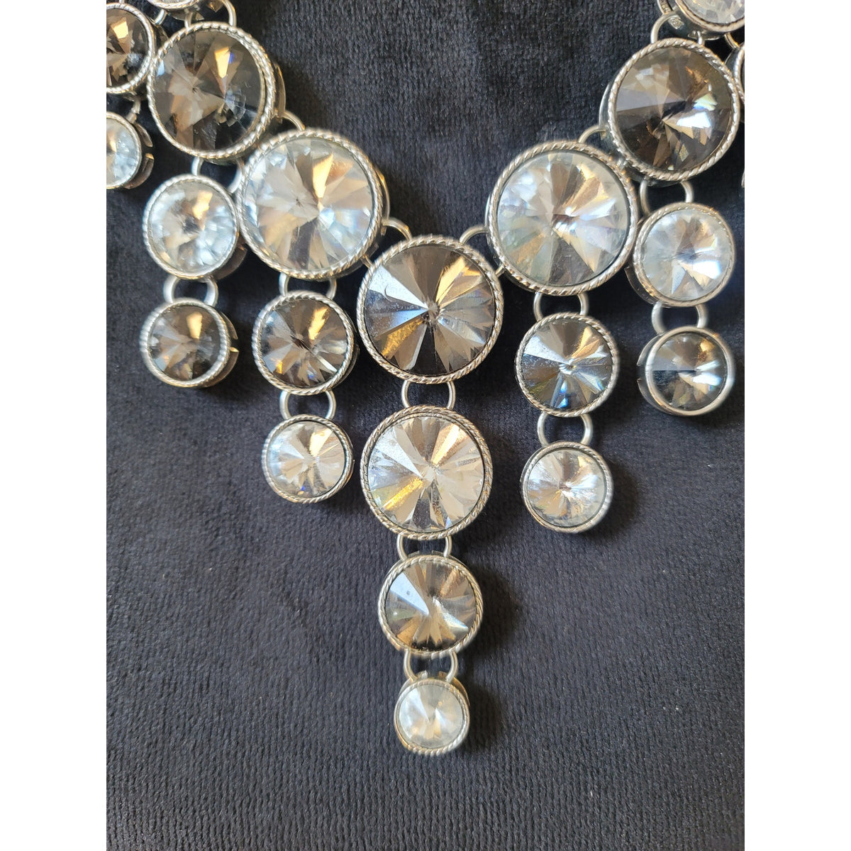 Women's Silver Statement Necklace With Lobster Clasp Layered Disc Crystal Design