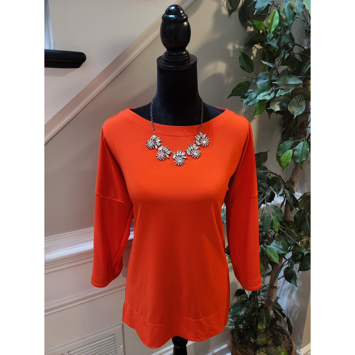 Chico’s Blouse Top Women's SZ 0 Coral Orange 3/4 Drop-Shoulder Sleeves Boat Neck