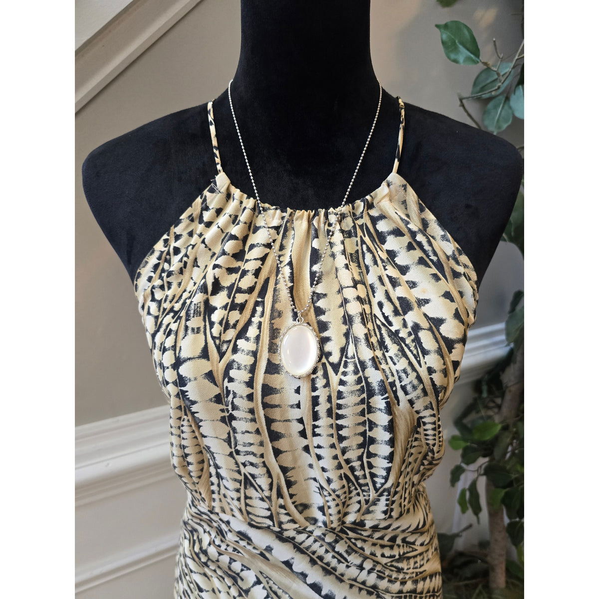 New York & Company Midi Dress Women Large Beige Abstract Halter Neck Back Zipper