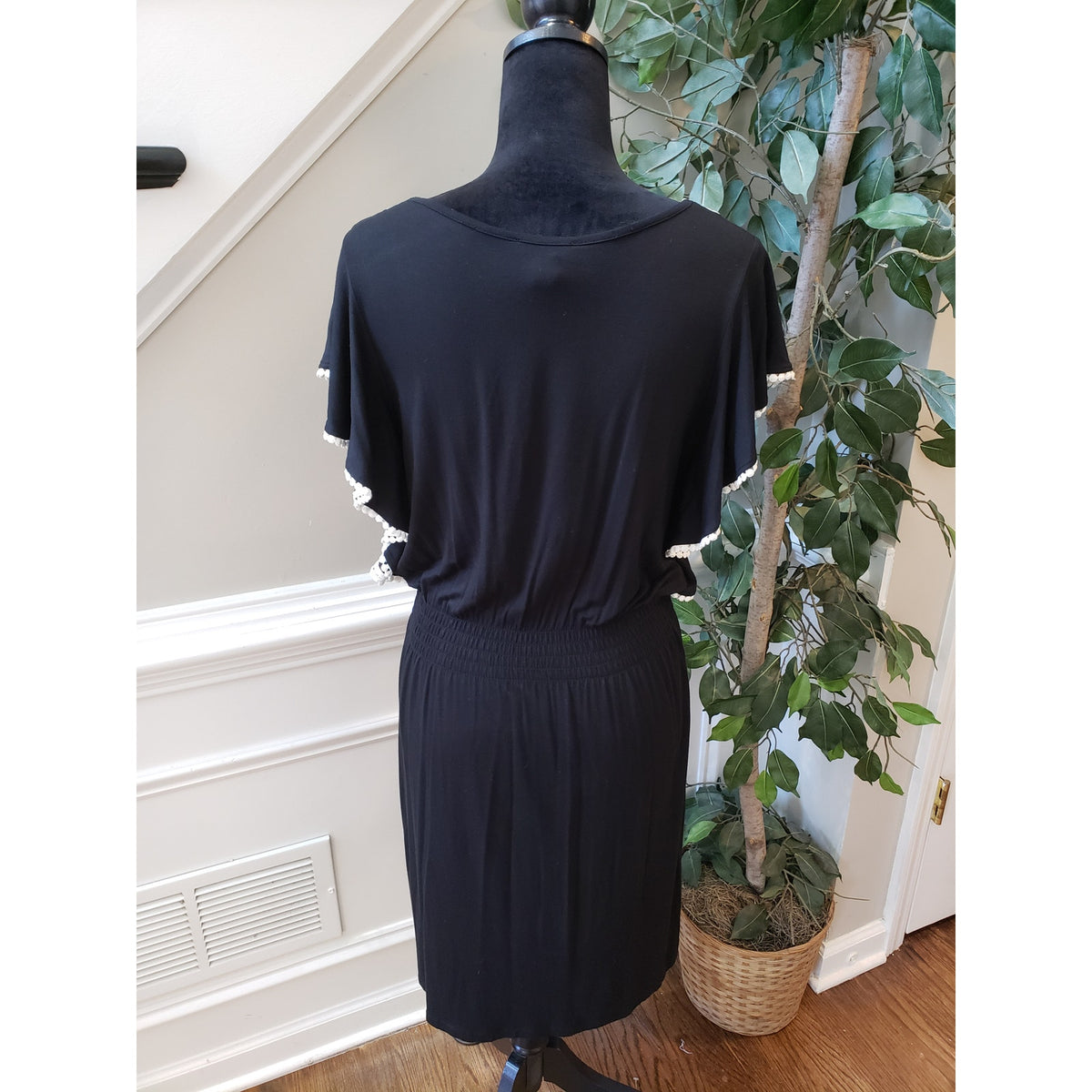 Spense Sheath Dress Women Medium Black Lace Trim V Neck Short Sleeve Cinch Waist