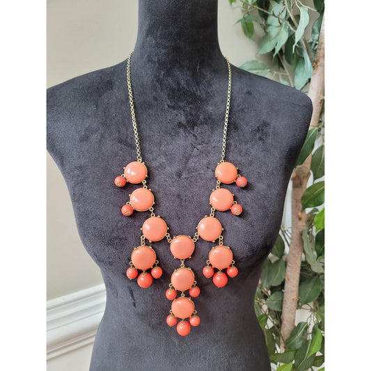 Women's Coral Pendant Necklace with Round Beads and Gold Tone Chain
