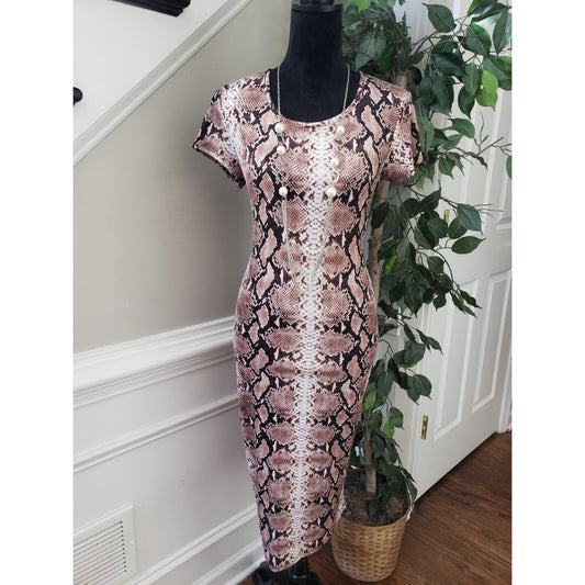 TMG Women's Brown & Beige Polyester Round Neck Short Sleeve Knee Length Dress L