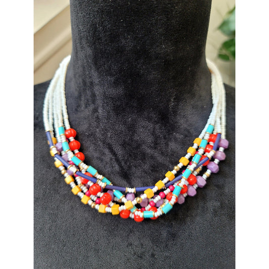 Multicolor Seed Bead Multi-Strand Choker Necklace Colorful Boho Statement