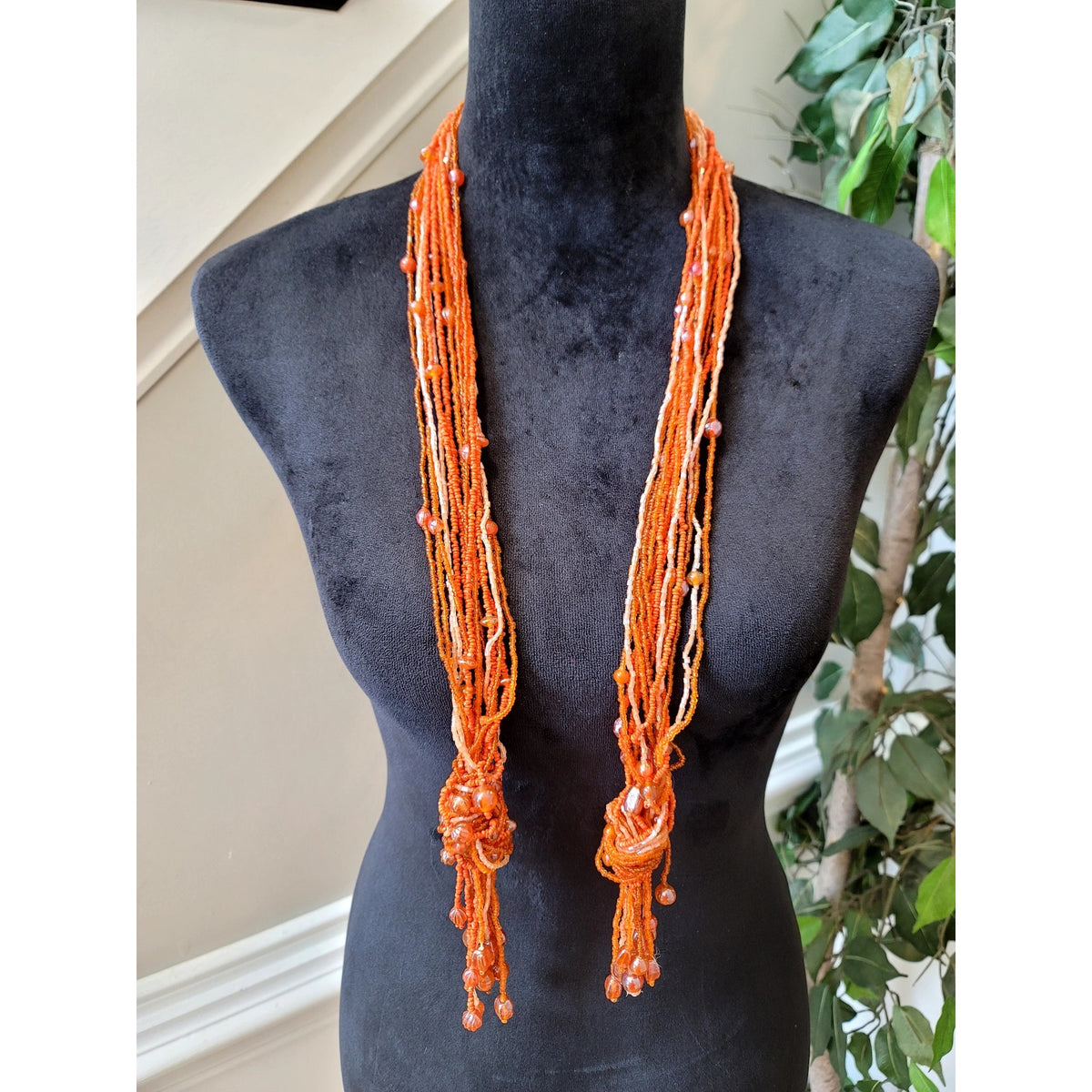 Vintage Orange Multi Strand Beaded Tassel Necklace Boho Statement Fringe Bib