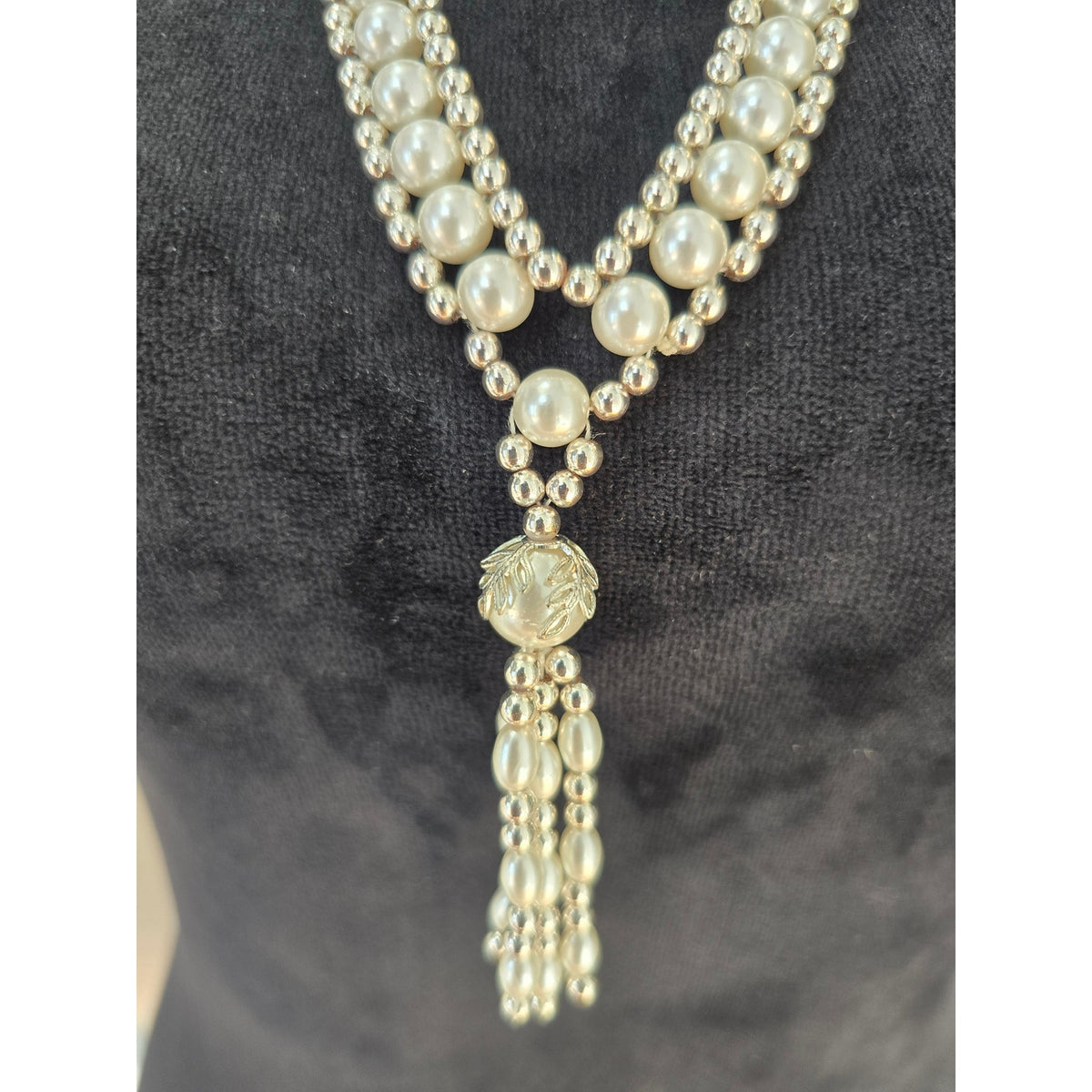 Silver Tone Rhinestone Faux Pearl Tassel Long Statement Necklace