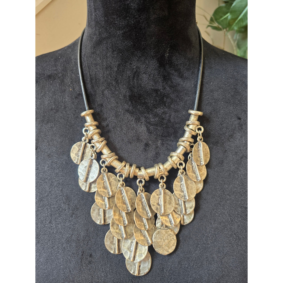 Silver Tone Hammered Disc Bib Statement Necklace Boho Tribal Chunky Fashion