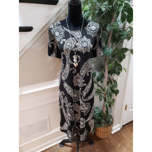 Est 1946 Women's Black Paisley Stretch Polyester Round Neck Shift Dress 18/20W