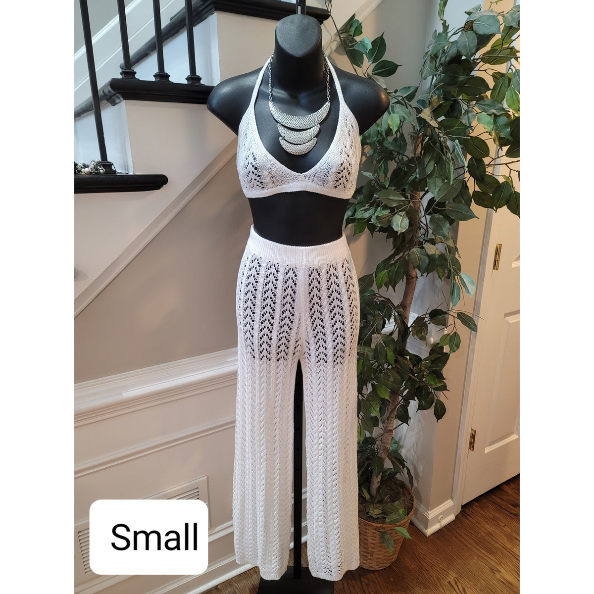 Crochet 2 Piece Set Womens Small White Open Back Halter Bikini Top Cover Up Pant