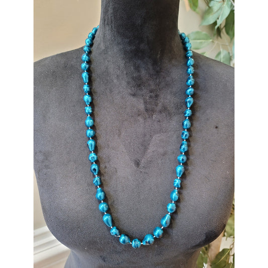 Women's Blue Beaded Necklace With Spring Ring Clasp Lightweight Retro Jewelry
