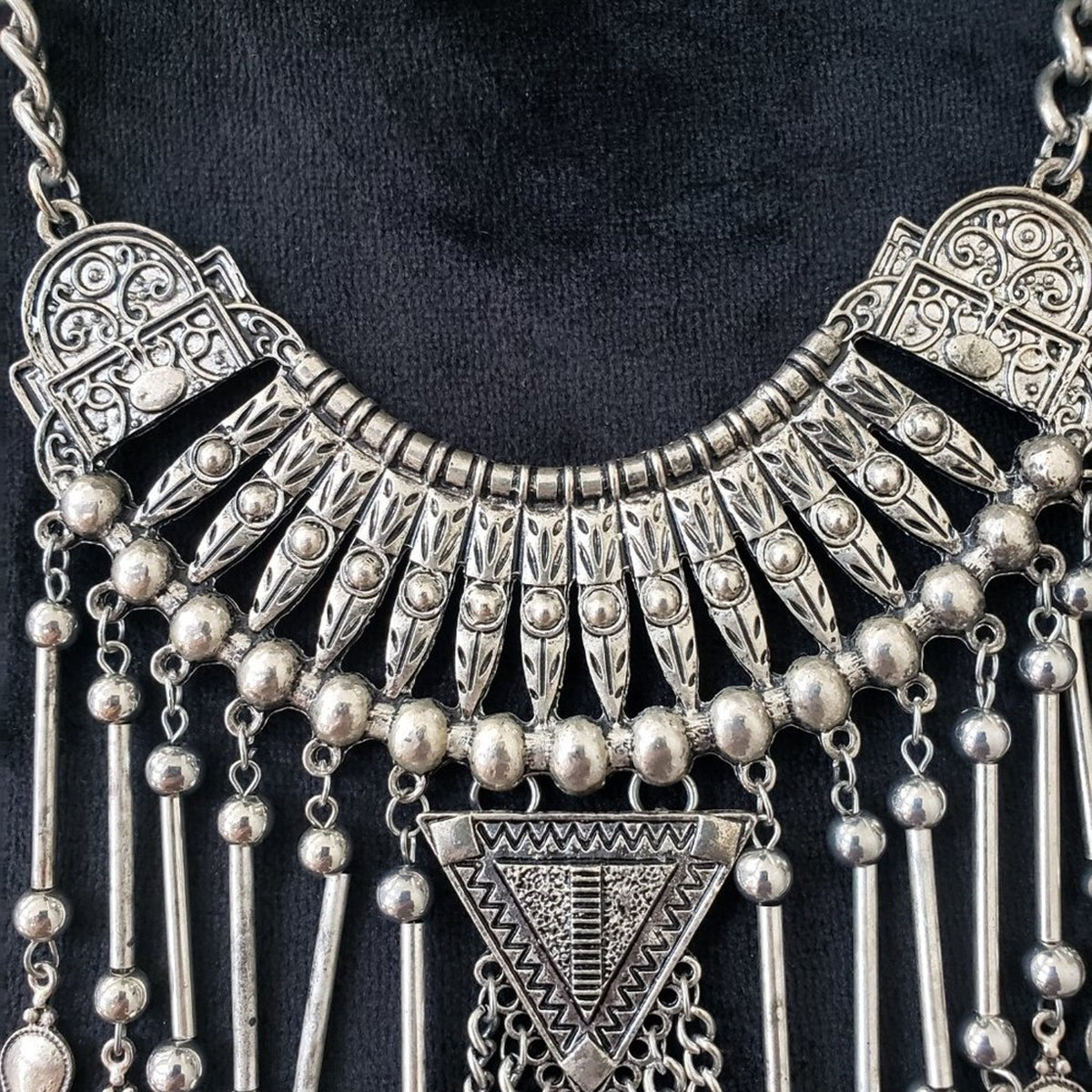 Women African Bohemian Style Antiqued Silver Tone Tassel Statement Bib Necklace