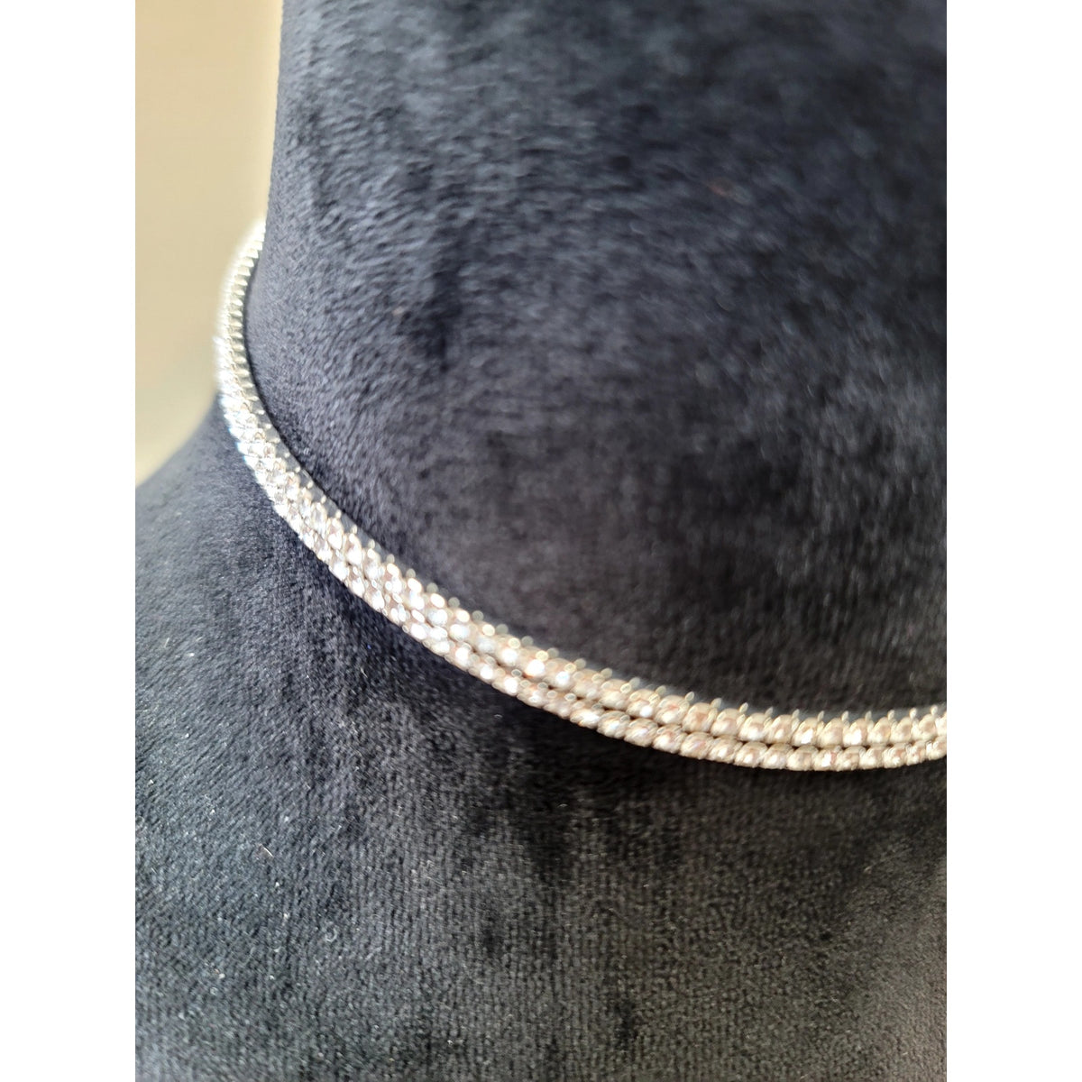 Silver Tone Double Row Rhinestone Choker Necklace Dainty Minimalist Collar