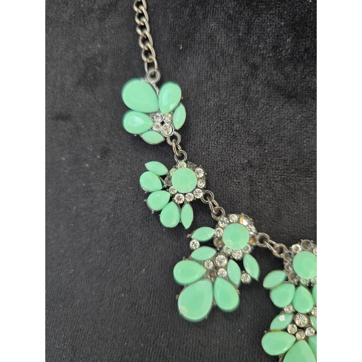 Mint Green Teardrop Rhinestone Floral Bib Statement Necklace