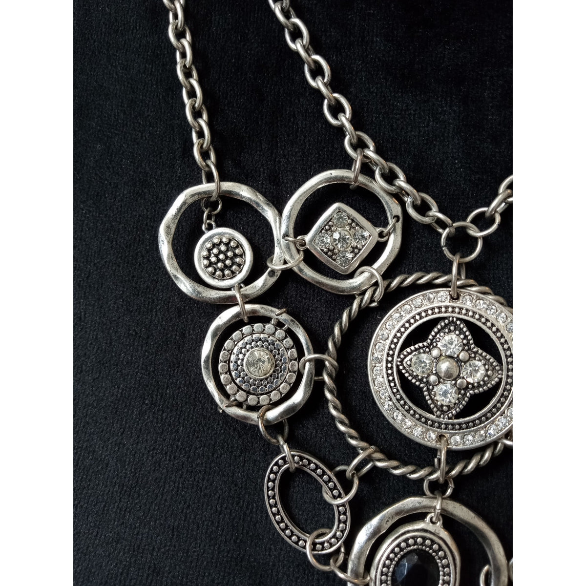 Vintage Silver Tone Medallion Bib Statement Necklace Multi Chain Boho Tribal