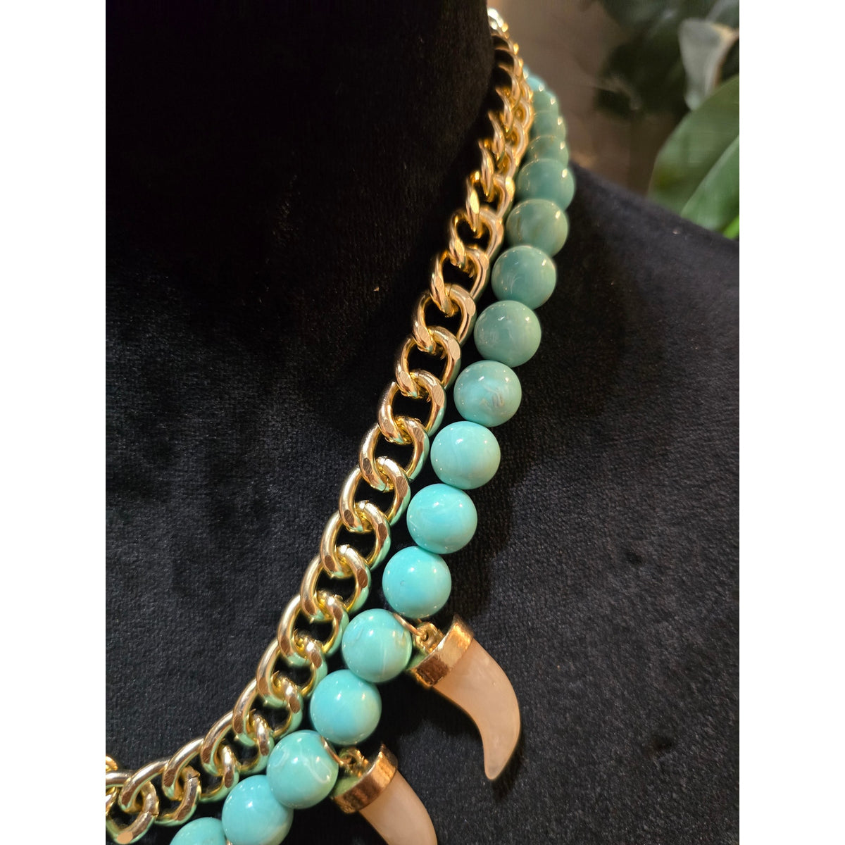 Women's Turquoise Bead Necklace Gold Chain Tusk Pendant Statement Chunky Bib