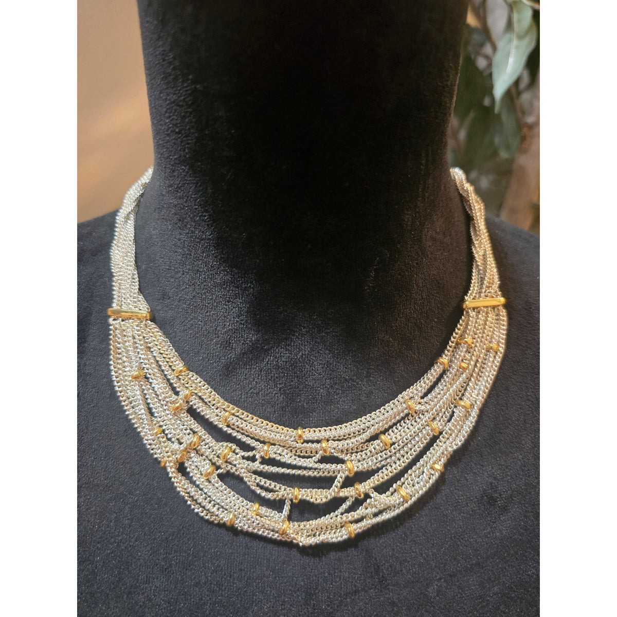 Women's Multi Strand Silver Chain Necklace With Gold Beads And Toggle Lock
