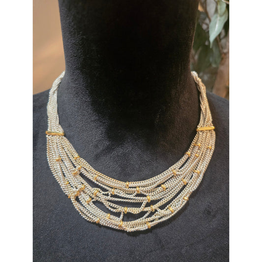 Women's Multi Strand Silver Chain Necklace With Gold Beads And Toggle Lock