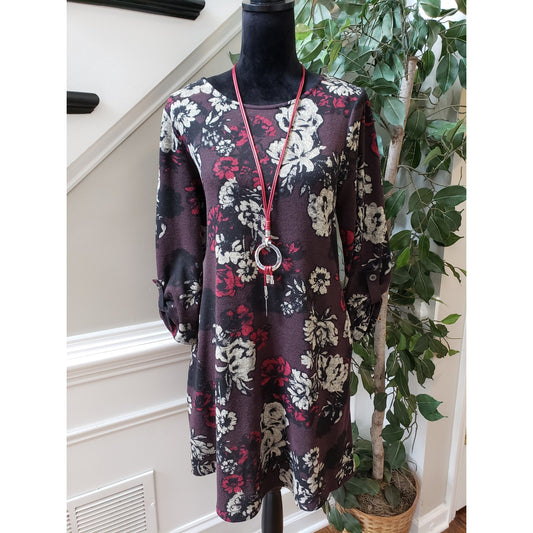 Apt. 9 Sheath Dress Womens Medium Purple Floral 3/4 Sleeve Side Pockets Pullover