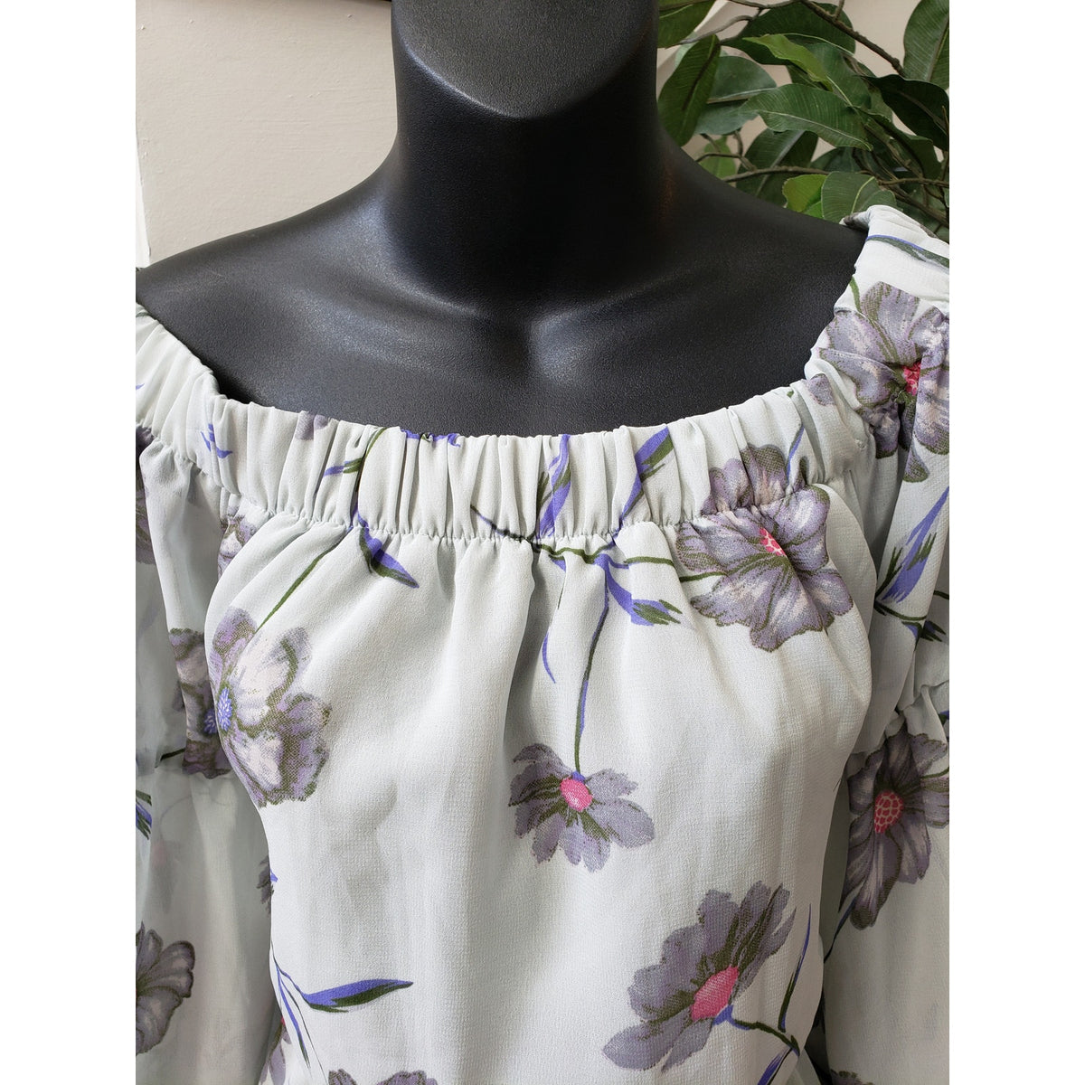 Blush Romper Women Large Gray Floral Print Off Shoulder Cinch Waist Flare Sleeve