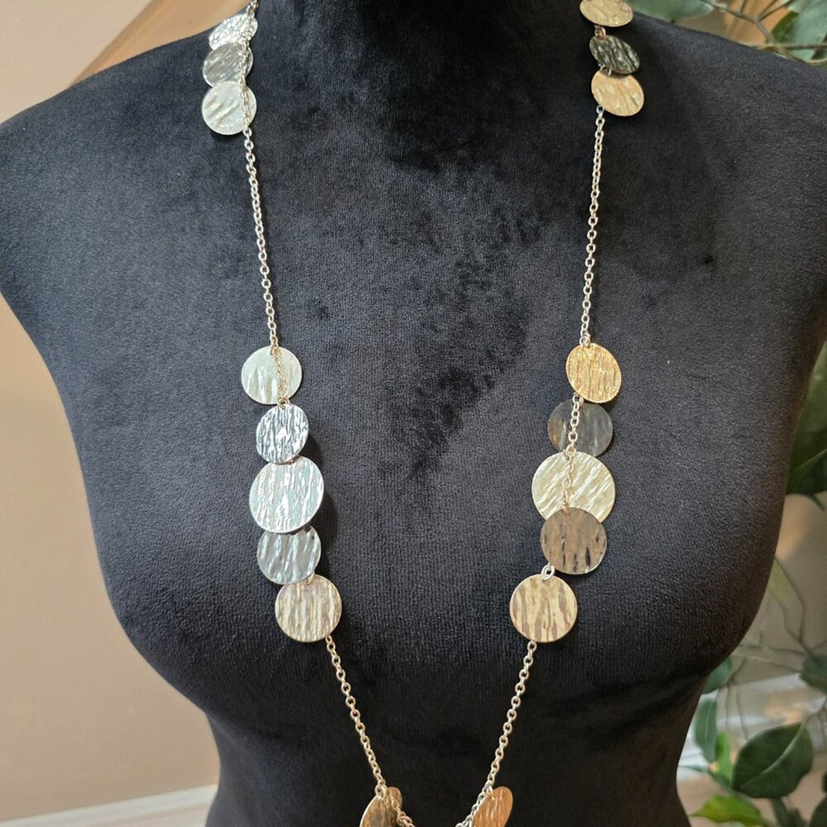 Women Round Etched Medallions Silver Tone Long Chain Necklace with Lobster Clasp