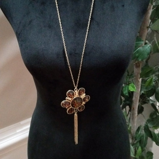 Womens Fashion Chunky Leopard Print Art Floral Tassel Pendant Long Necklace
