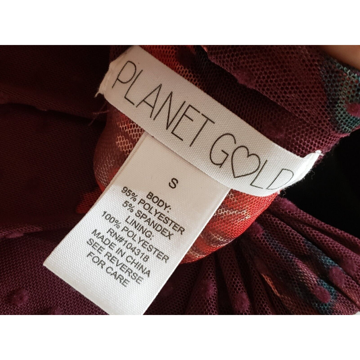 Planet Gold Maroon Dotted Mesh Floral Lined Mock Neck Knee Length Dress Size S