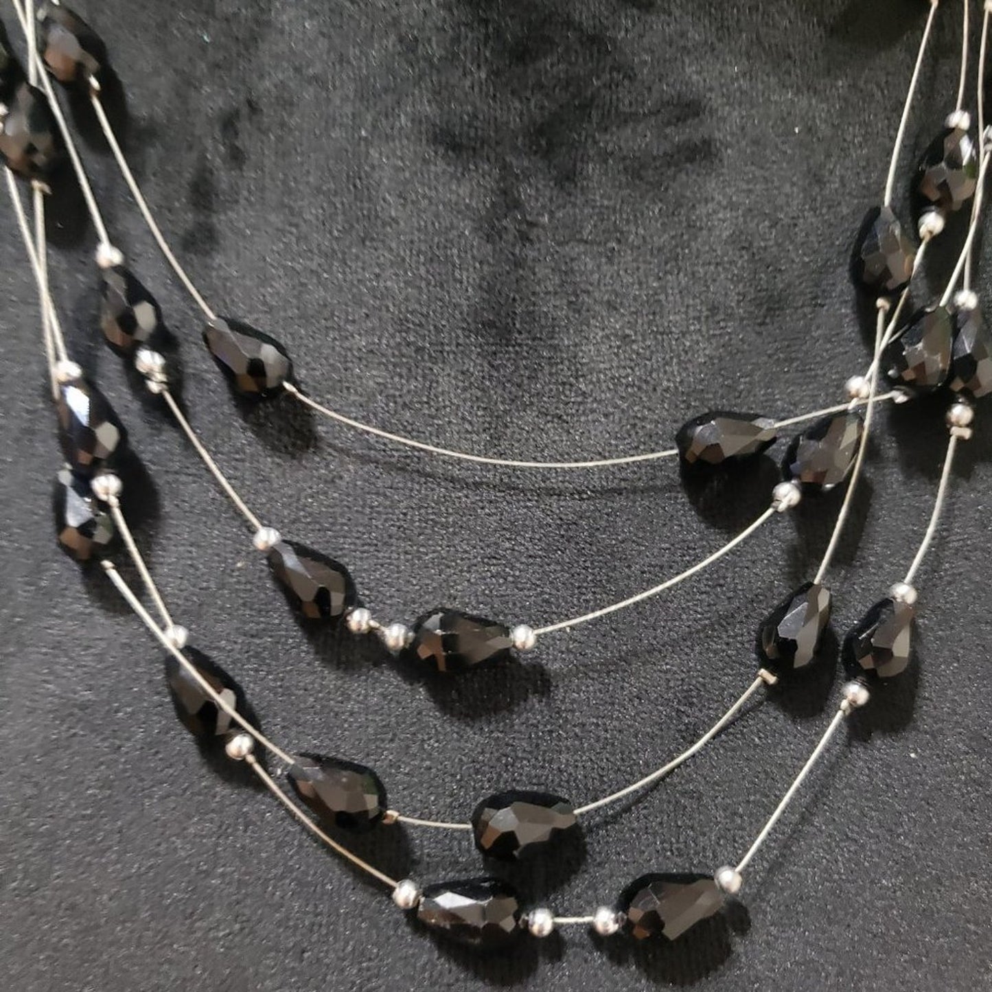 Fashion Three Layer Handmade Charm Necklace Black Rhinestones Beaded With Lobste