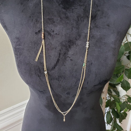 Womens Fashion Clear Crystal Gold Tone 2 Layer Chain Necklace with Lobster Clasp