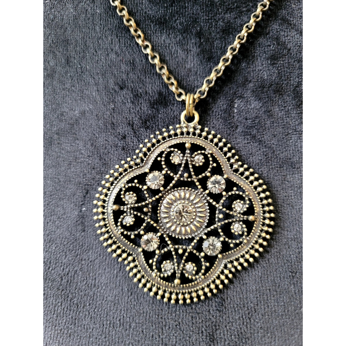 Express Antiqued Bronze Tone Filigree Rhinestone Pendant Necklace Boho Chic