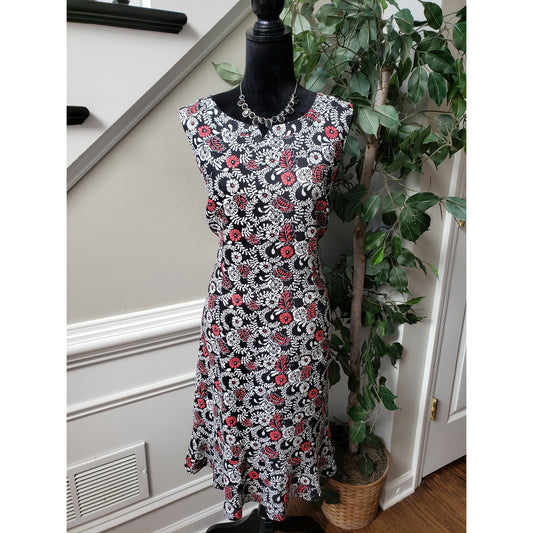Kim Rogers Knee Length Dress Women's 12 Multi Floral Linen Lined V Neck Back Zip
